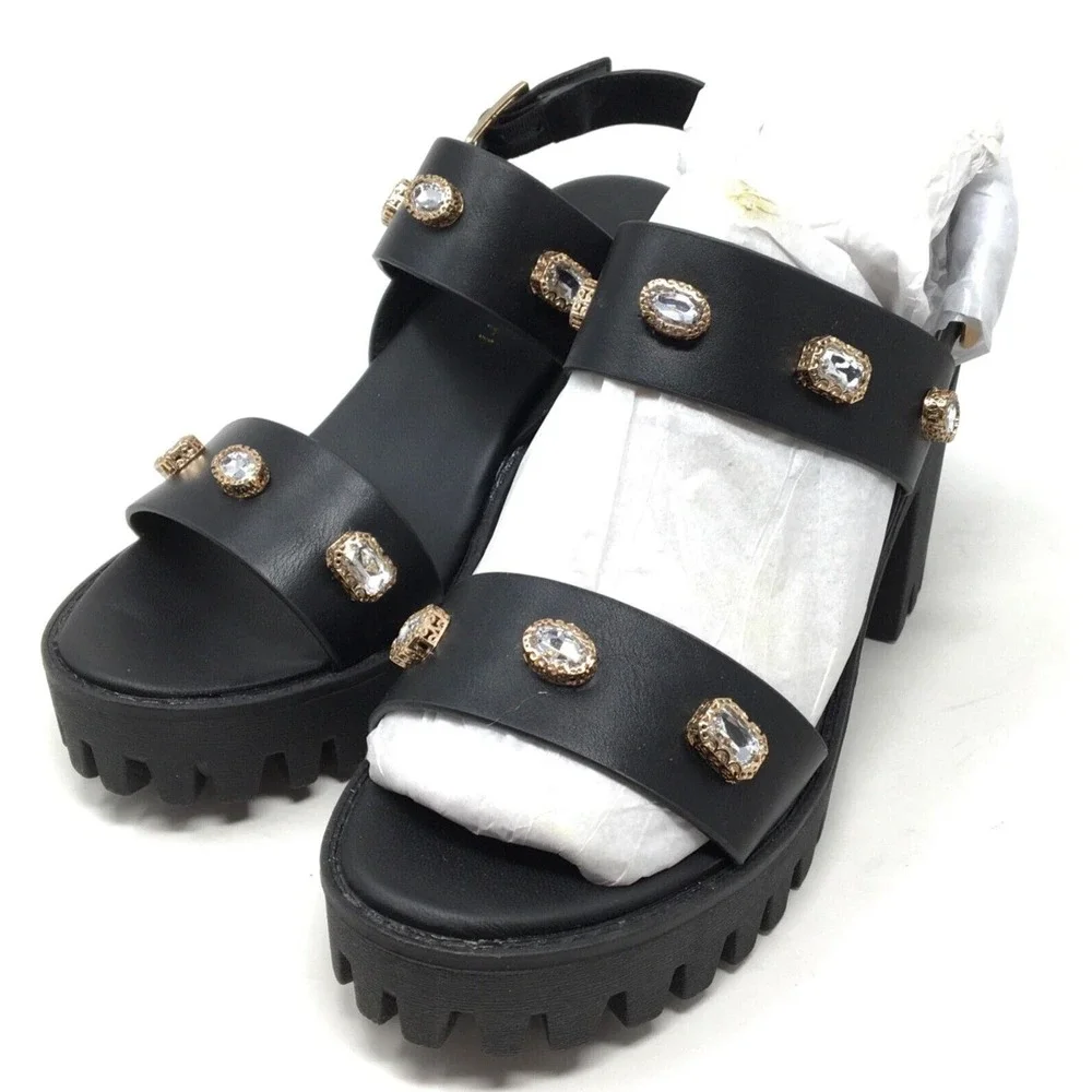 Madden Girl Storrm Women's Size 8.5 Black Jewel Lug Block Heel Platform Sandals - Picture 3 of 7